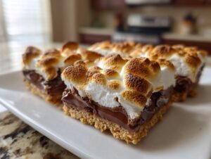 Close-up of several squares of Sheet pan smores bars with a graham cracker crust, melted chocolate, and perfectly toasted marshmallow topping.