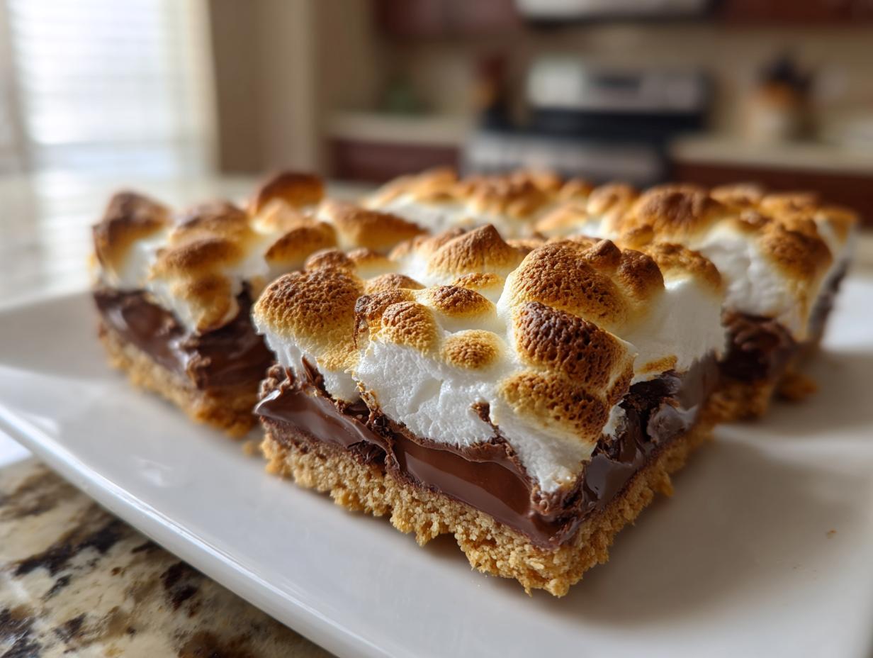 Close-up of several squares of Sheet pan smores bars with a graham cracker crust, melted chocolate, and perfectly toasted marshmallow topping.