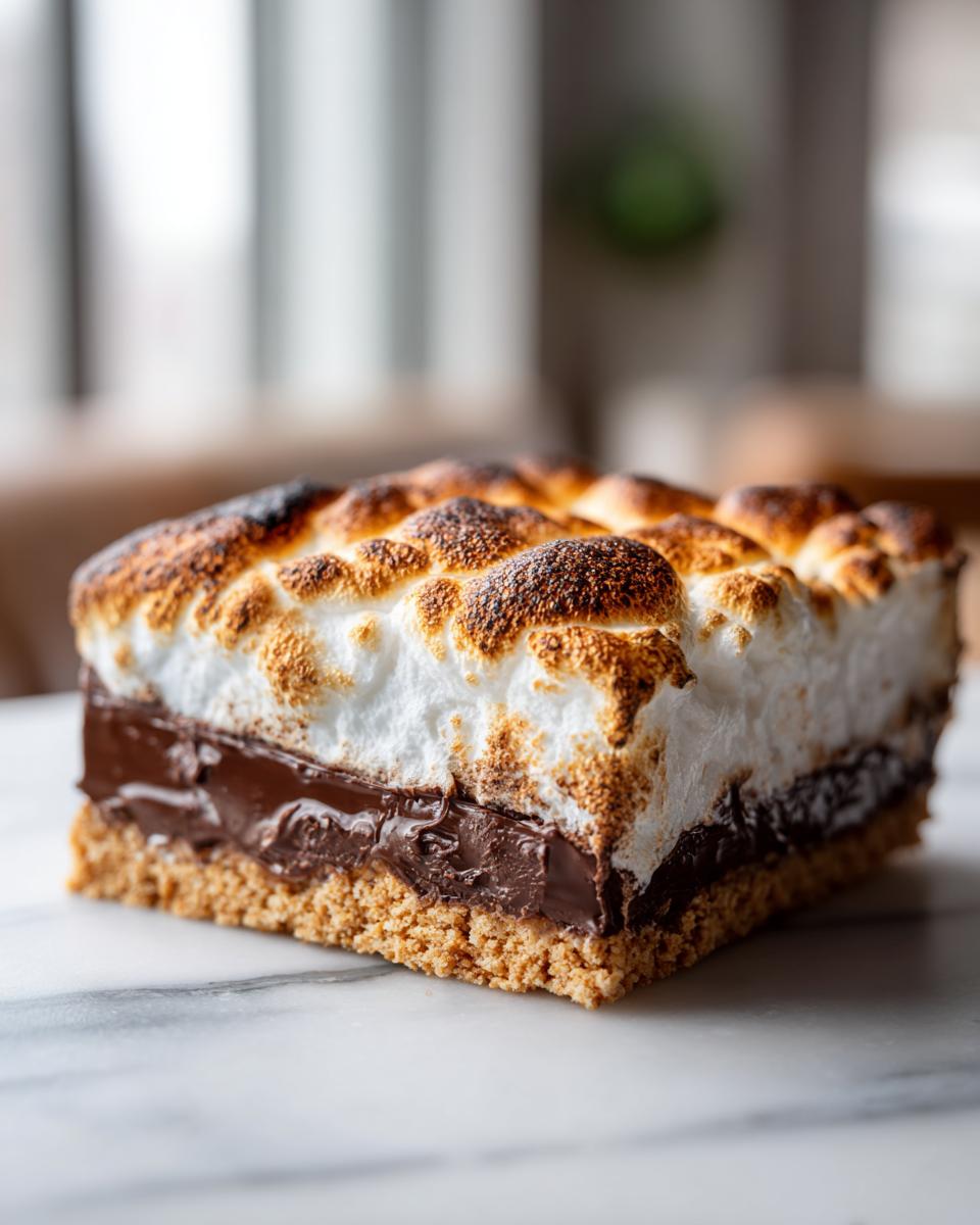 A close-up of a single square serving of Sheet pan smores showing a graham cracker crust, melted chocolate, and a thick layer of perfectly toasted marshmallow.