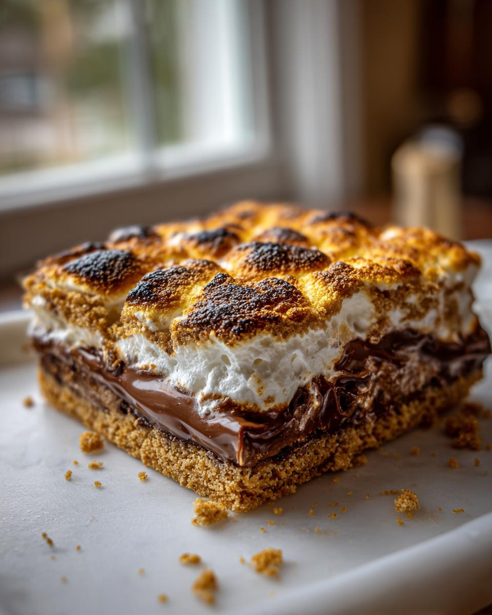 A gooey, square piece of Sheet pan smores showing a graham cracker crust, melted chocolate, and perfectly toasted marshmallows on top.