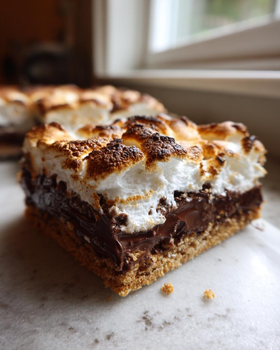 A close-up of a rich, layered square of Sheet pan smores featuring a graham cracker crust, melted chocolate, and toasted marshmallow topping.