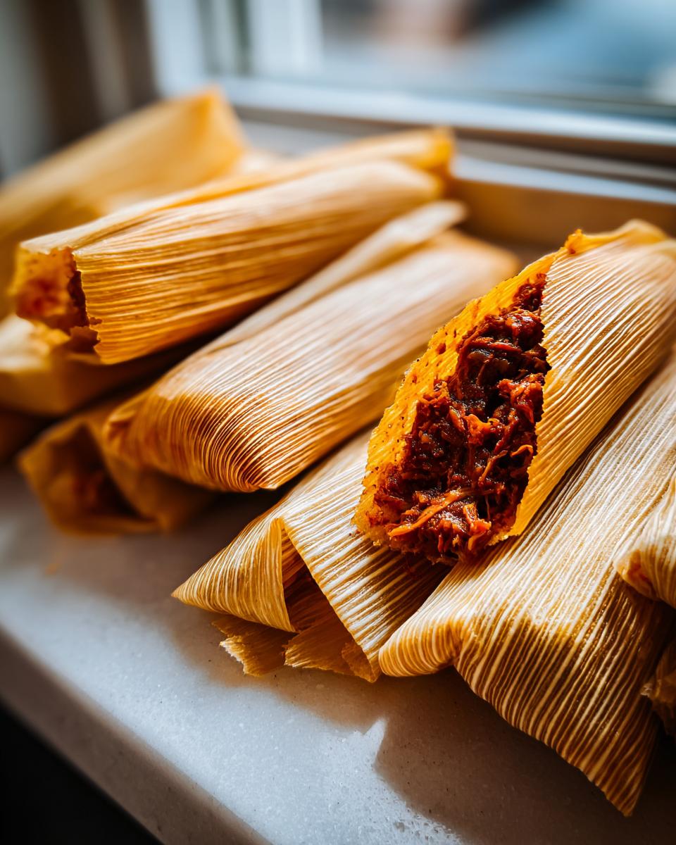 A close-up image showing several corn husk tamales, with one partially unwrapped revealing a rich, shredded, red-chili filling inside the tamales.