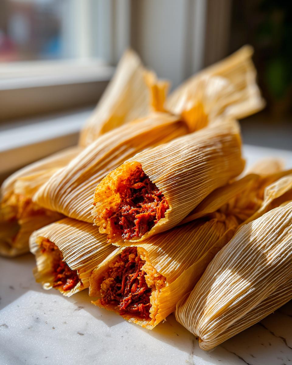 Close-up of several corn husk wrapped tamales, some partially unwrapped to show rich, shredded red meat filling.