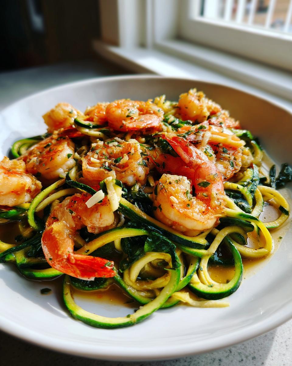A white bowl filled with bright orange shrimp and green zucchini noodles in a garlic butter sauce, ready to eat Shrimp scampi with zucchini noodles.
