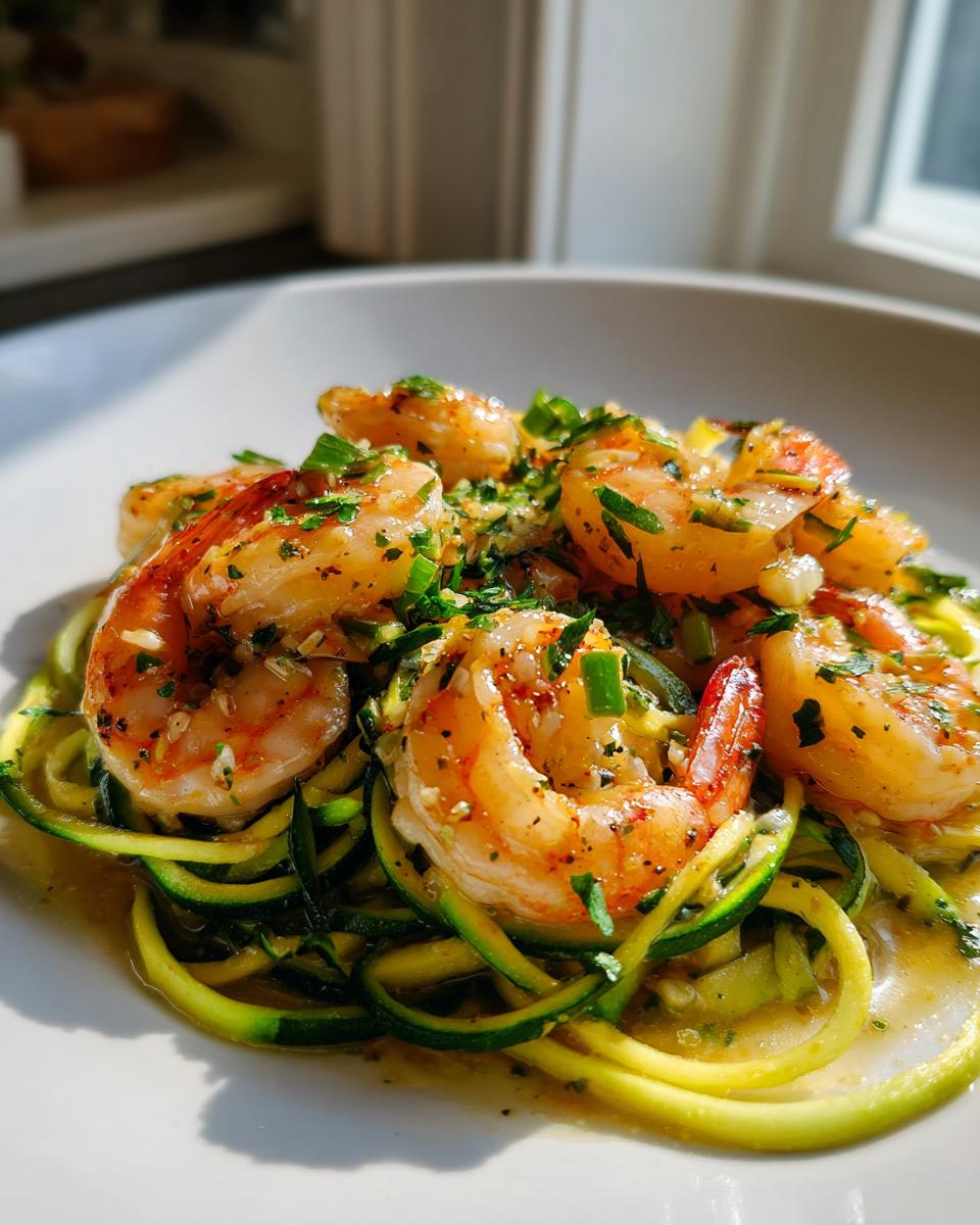 Close-up of plump shrimp served over bright green zucchini noodles in a garlic butter sauce, garnished with parsley for shrimp scampi with zucchini noodles.