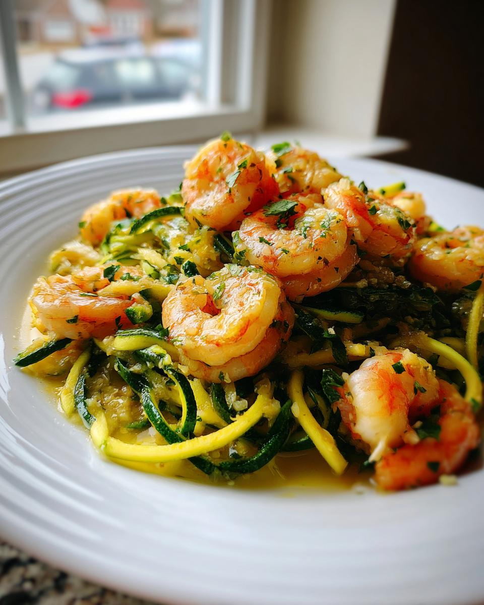 A close-up of juicy shrimp scampi with zucchini noodles tossed in a garlic butter sauce on a white plate.