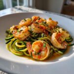 Close-up of succulent shrimp served over a bed of bright green zucchini noodles in a white bowl.