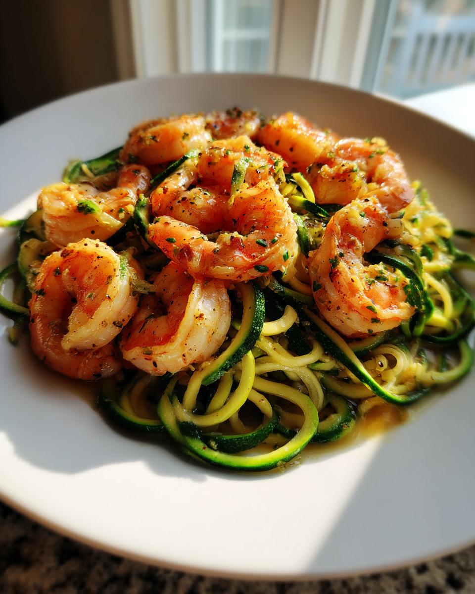 Close-up of perfectly cooked shrimp resting on a bed of vibrant zucchini noodles in a garlic butter sauce, classic shrimp scampi with zucchini noodles.