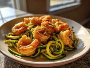 Close-up of juicy shrimp served over bright green zucchini noodles in a light sauce, perfect Shrimp scampi with zucchini noodles.