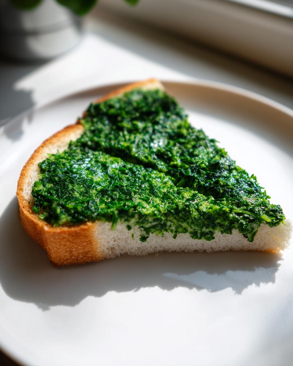 A close-up of a slice of white bread topped with a vibrant green spread, likely the Benedictine sandwich filling.