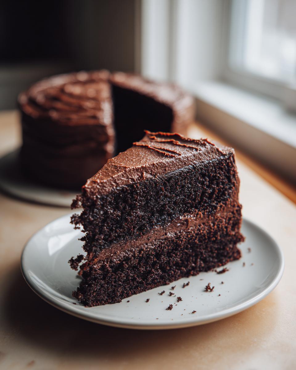 A close-up of a moist slice of Devil's food cake with thick chocolate frosting on a white plate.