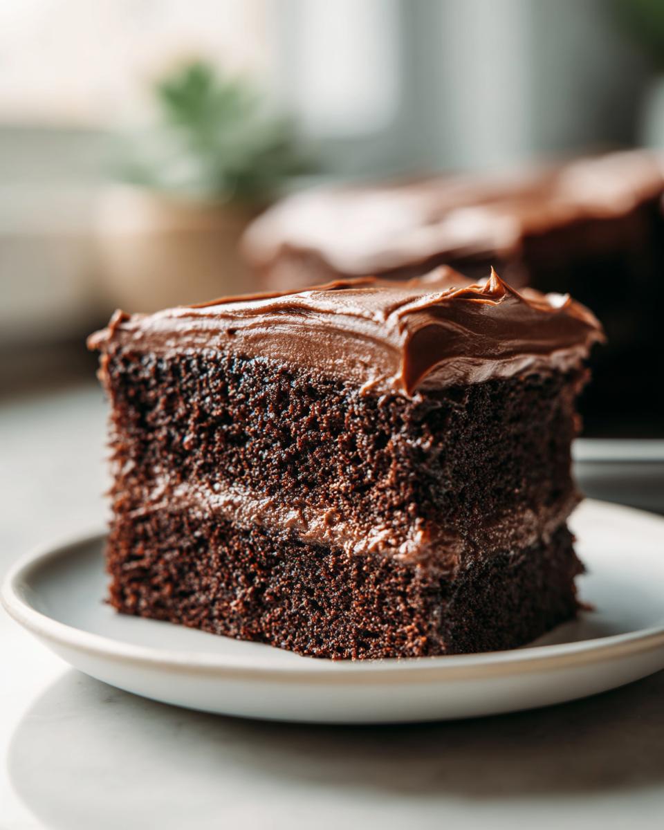A close-up of a moist slice of Devil's food sheet cake layered with thick chocolate frosting.