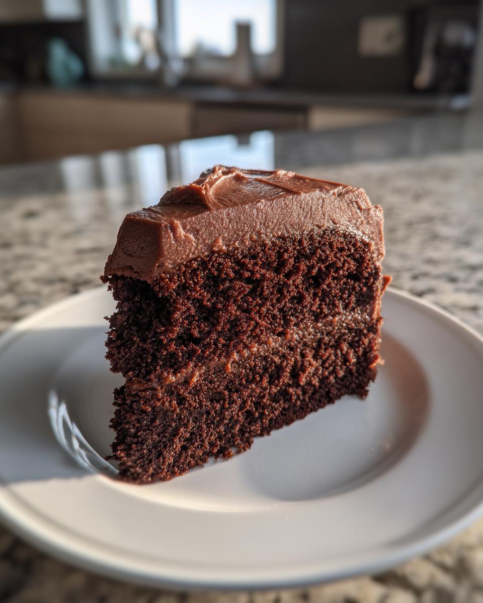 A generous slice of moist Devil's food sheet cake topped with thick chocolate frosting, sitting on a white plate.