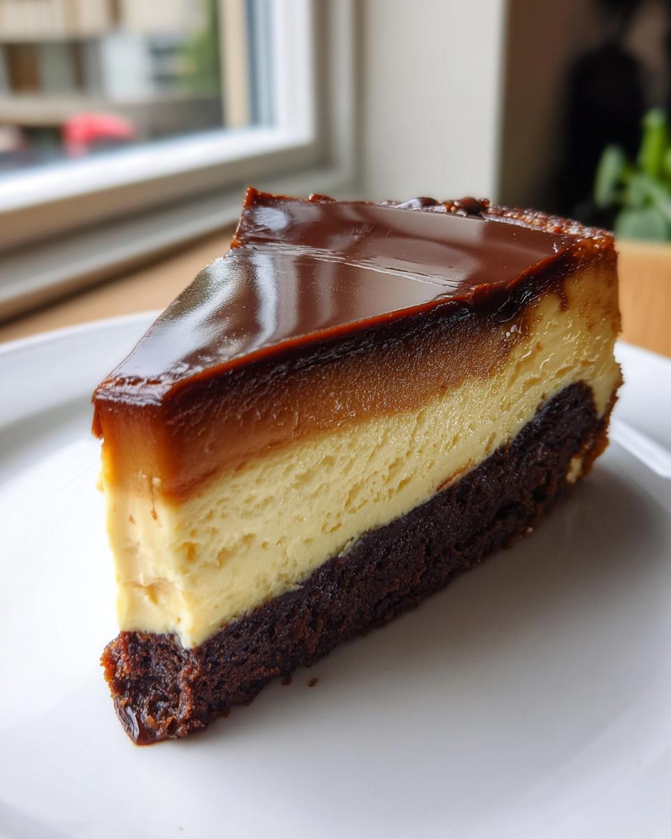 A decadent slice of Chocoflan showing three distinct layers: a dark chocolate brownie base, a creamy flan center, and a shiny caramel topping.