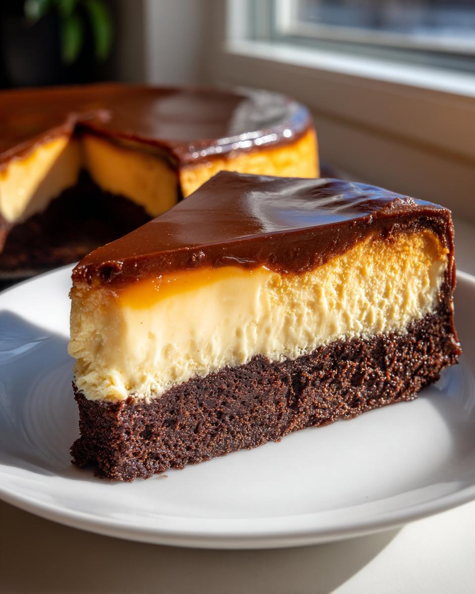 A perfect slice of Chocoflan showing the distinct brownie, flan, and chocolate topping layers on a white plate.