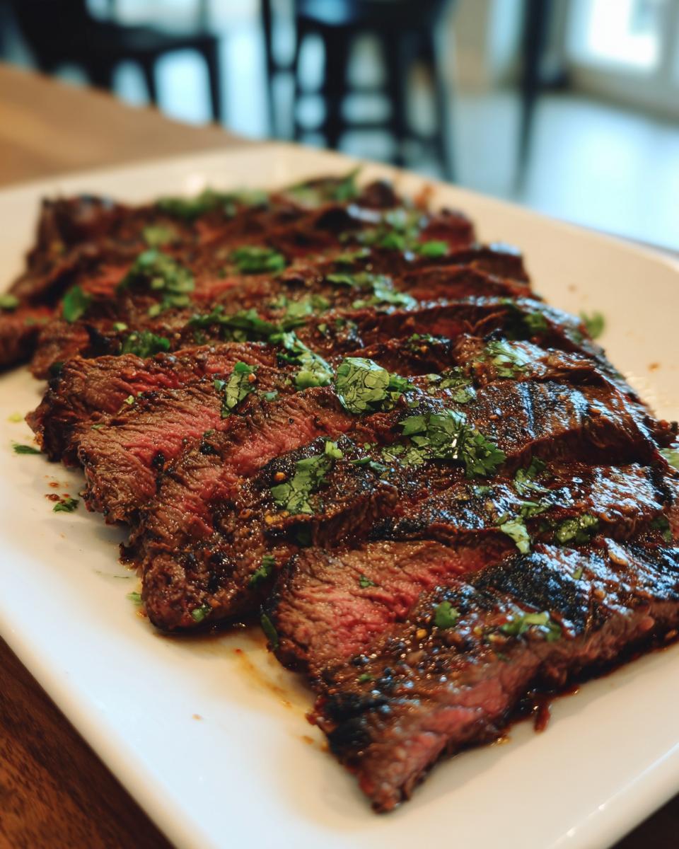 Close-up of medium-rare, sliced carne asada steak drizzled with marinade and topped with fresh cilantro.