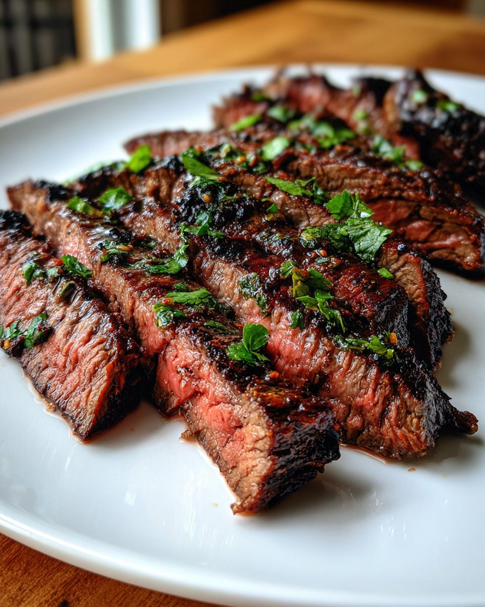 Close-up of perfectly grilled and sliced carne asada steak, medium-rare, topped with fresh green herbs.
