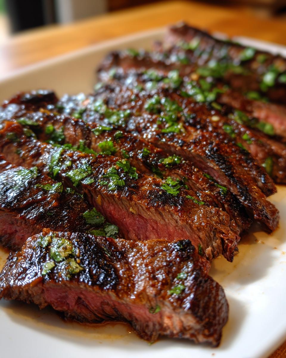 Close-up of perfectly grilled and sliced carne asada steak, showing a medium-rare center and topped with fresh cilantro.