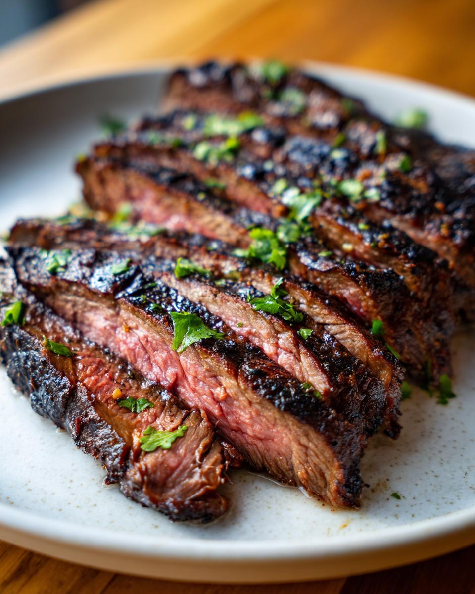 Close-up of perfectly grilled and sliced carne asada steak, showing a medium-rare center and fresh cilantro garnish.