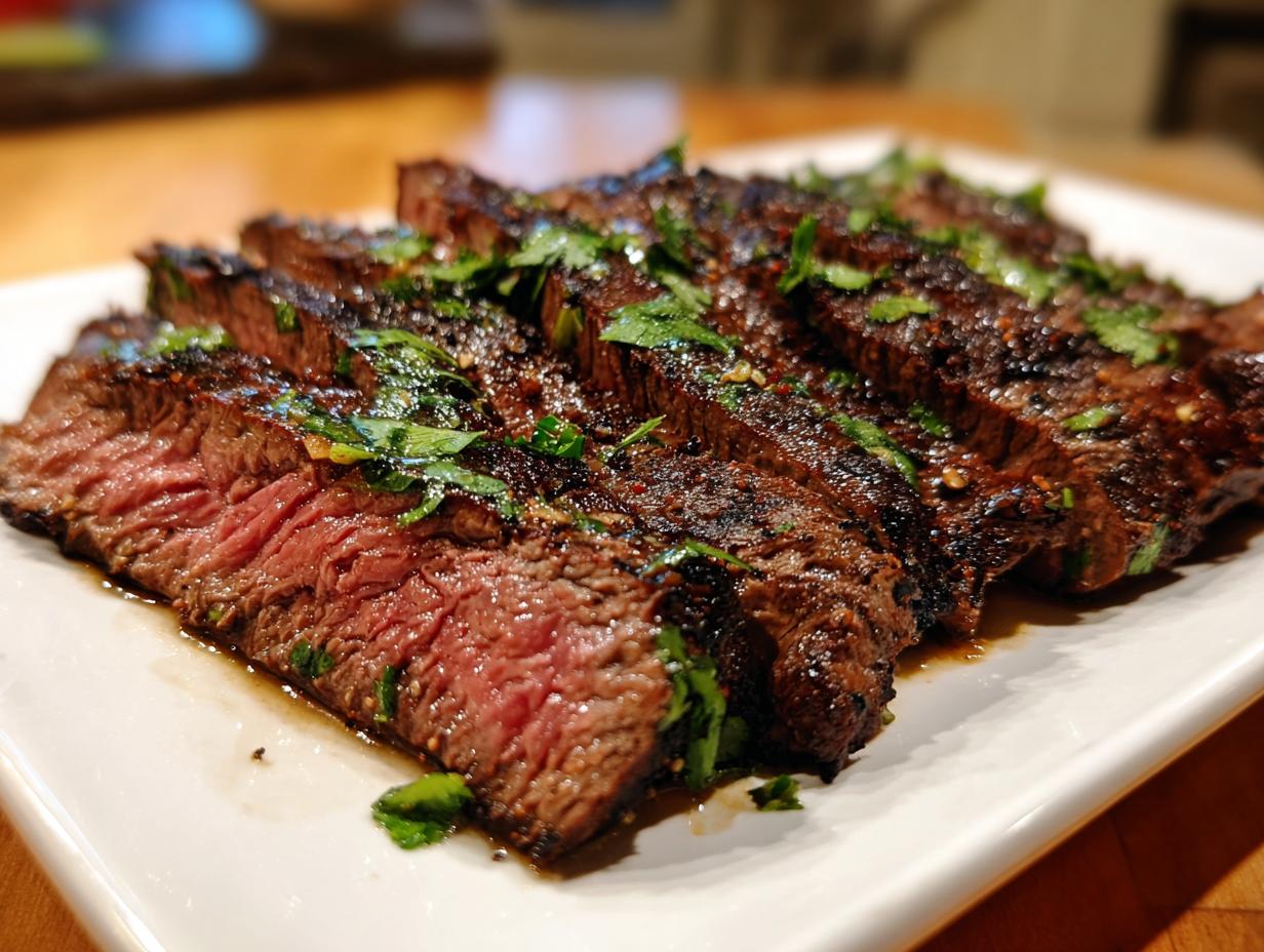 Close-up of perfectly grilled and sliced carne asada steak, showing a medium-rare interior and topped with fresh cilantro.