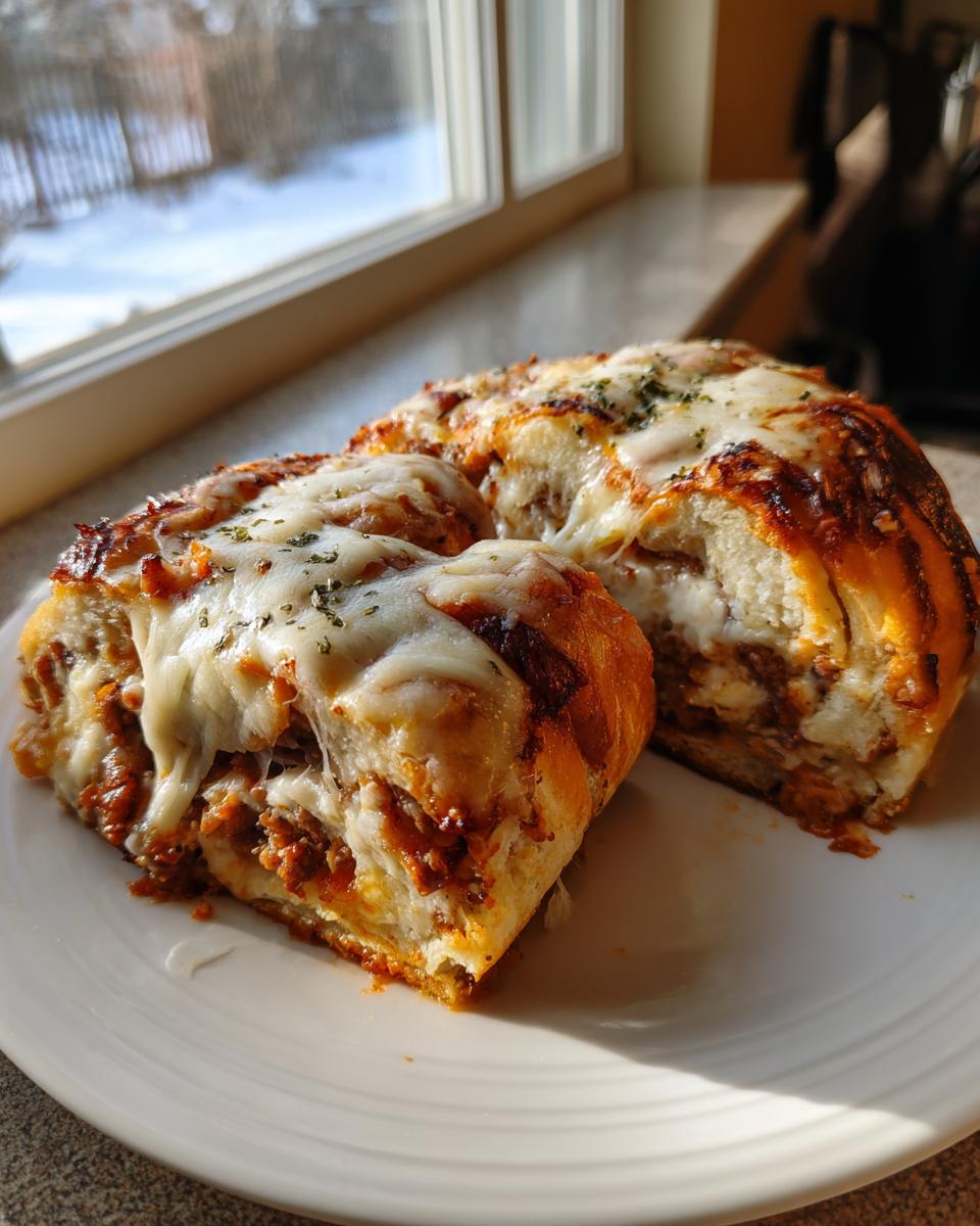 Two slices of baked Garbage bread recipe, oozing with melted mozzarella cheese and savory filling, served on a white plate.