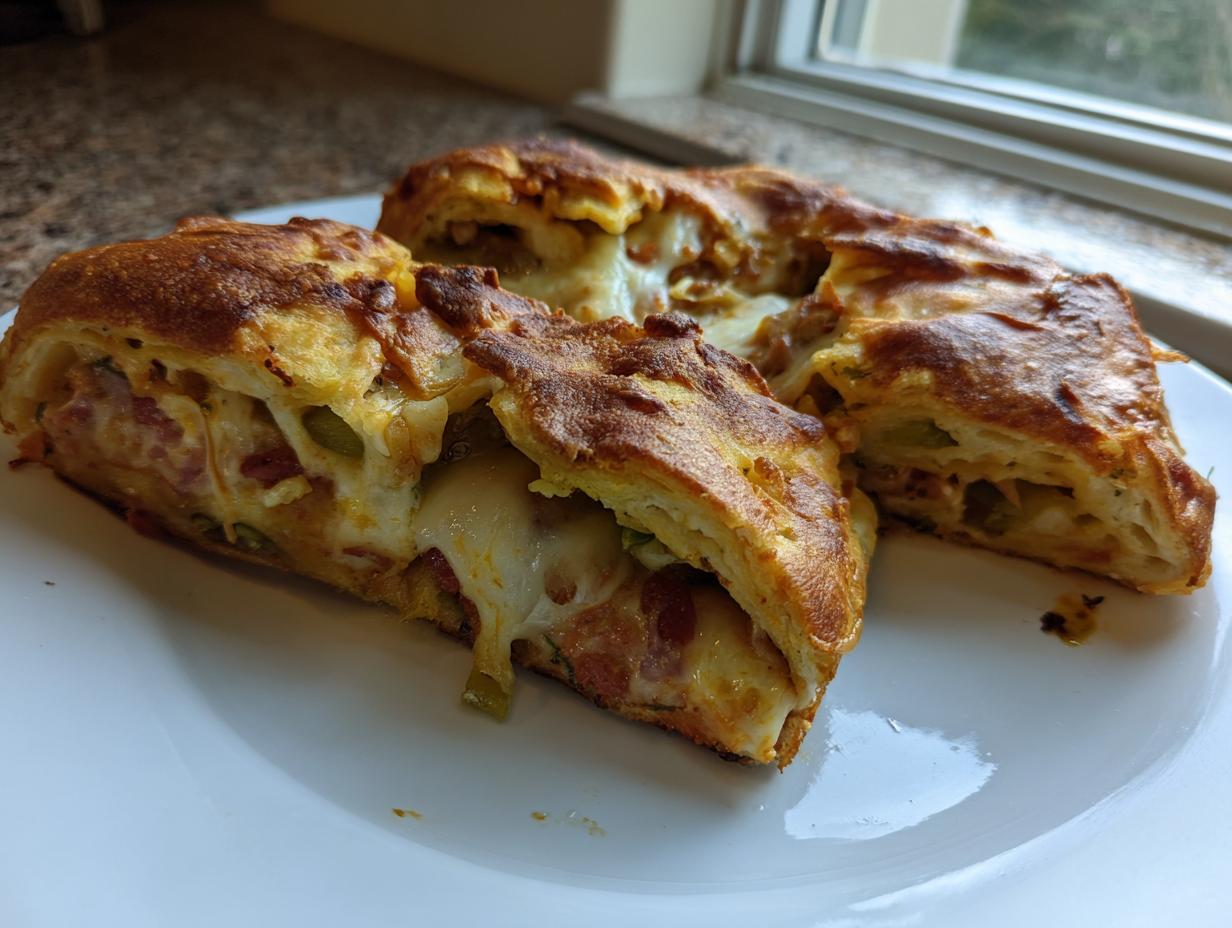 Close-up of sliced Garbage bread recipe showing melted cheese, pepperoni, and peppers inside a golden crust.