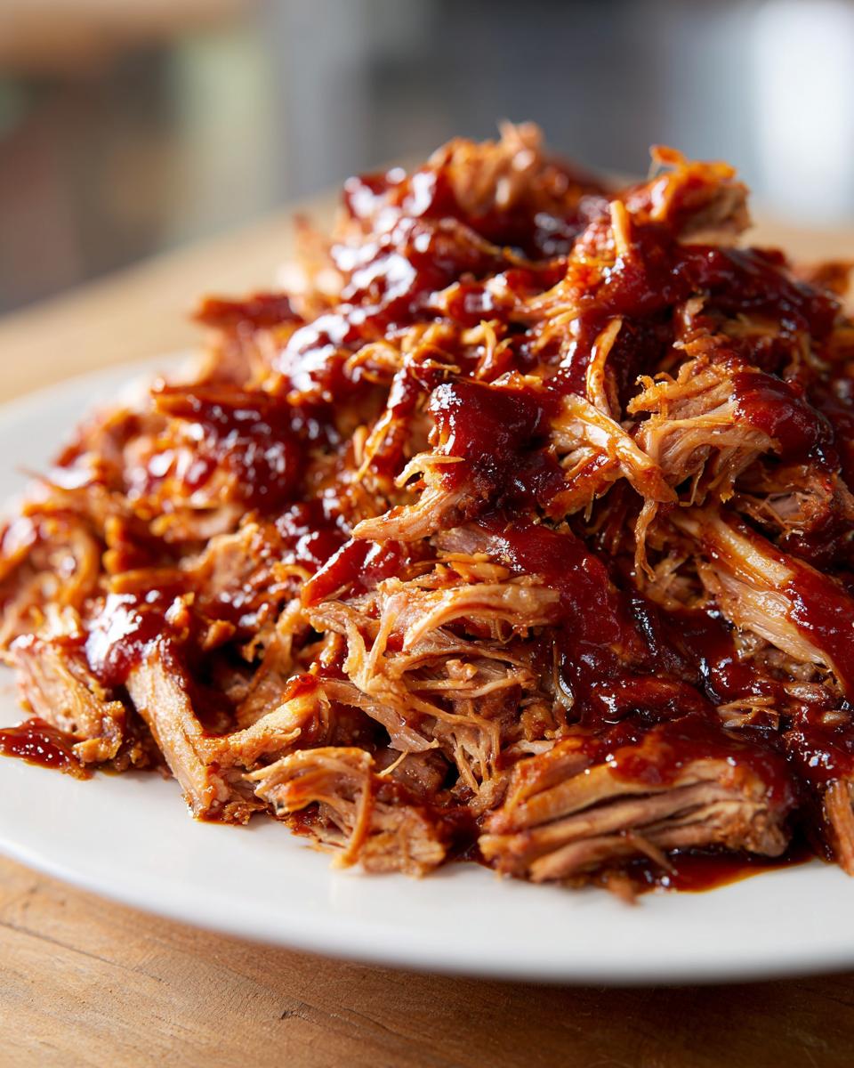 Close-up of tender, shredded Slow Cooker Pulled Pork generously smothered in rich barbecue sauce on a white plate.