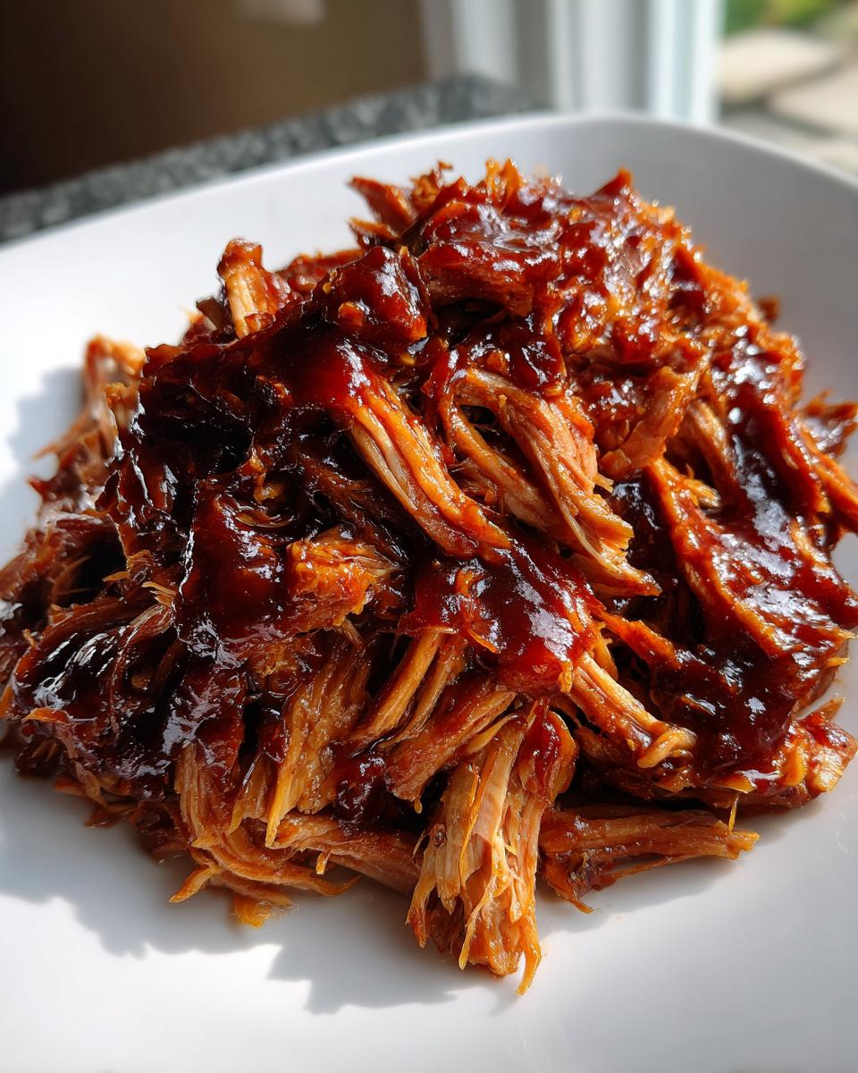 A close-up of shredded, tender Slow Cooker Pulled Pork generously coated in glossy barbecue sauce on a white plate.