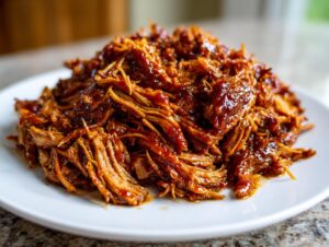 A close-up of a generous mound of saucy, shredded Slow Cooker Pulled Pork piled high on a white plate.