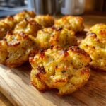 Close-up of crispy, golden Smashed red potatoes with parmesan baked into individual mounds on a wooden board.
