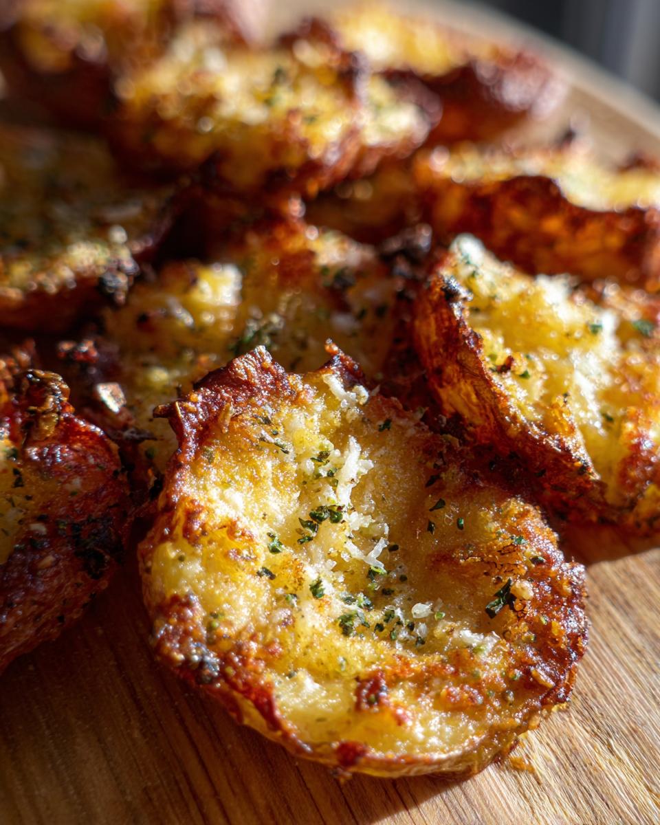 Close-up of crispy, golden Smashed red potatoes with parmesan cheese and herbs on a wooden board.