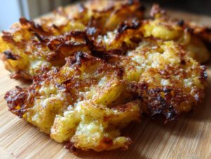 Close-up of perfectly crispy, golden-brown smashed red potatoes with parmesan cheese topping.