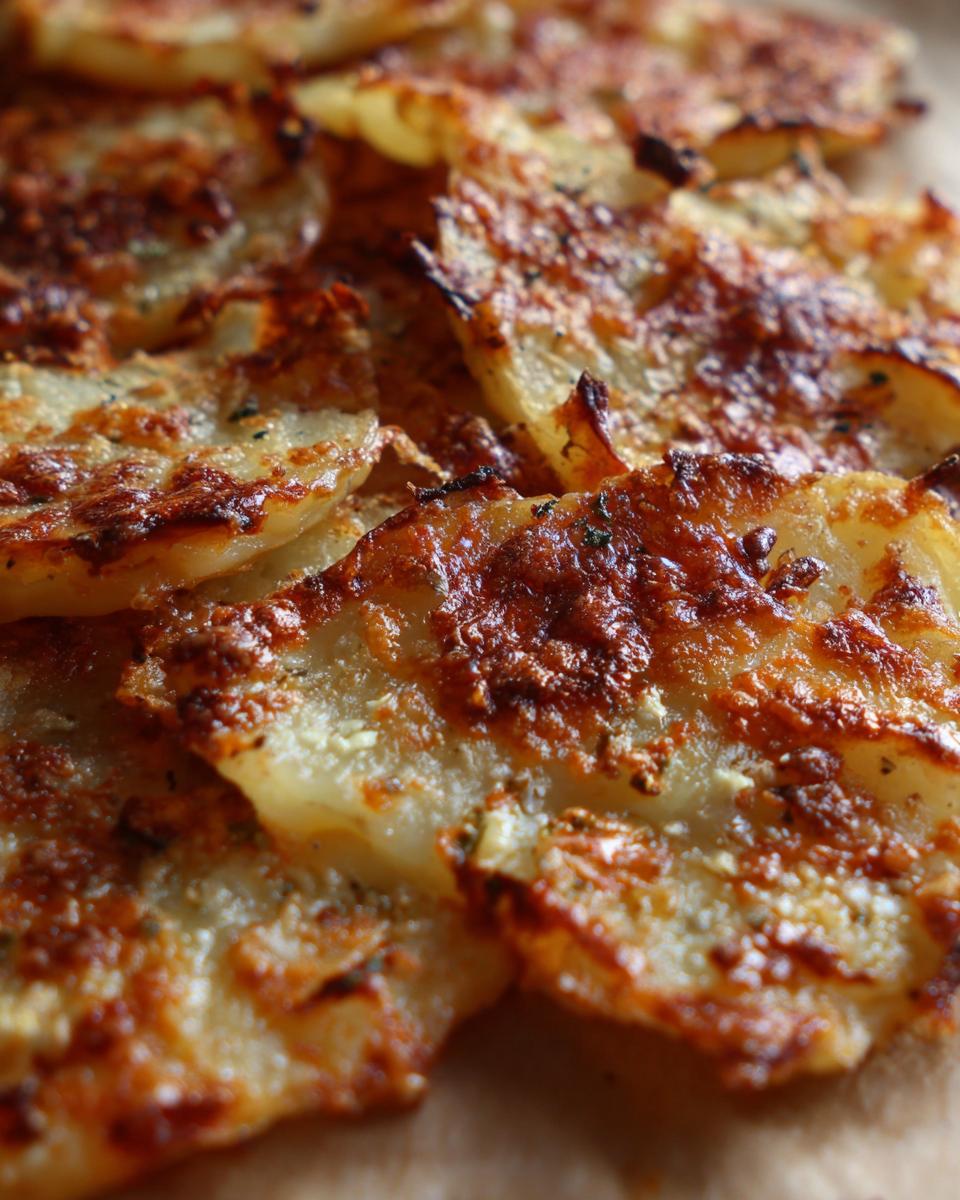 Close-up of crispy, browned slices of smashed red potatoes with parmesan cheese topping.