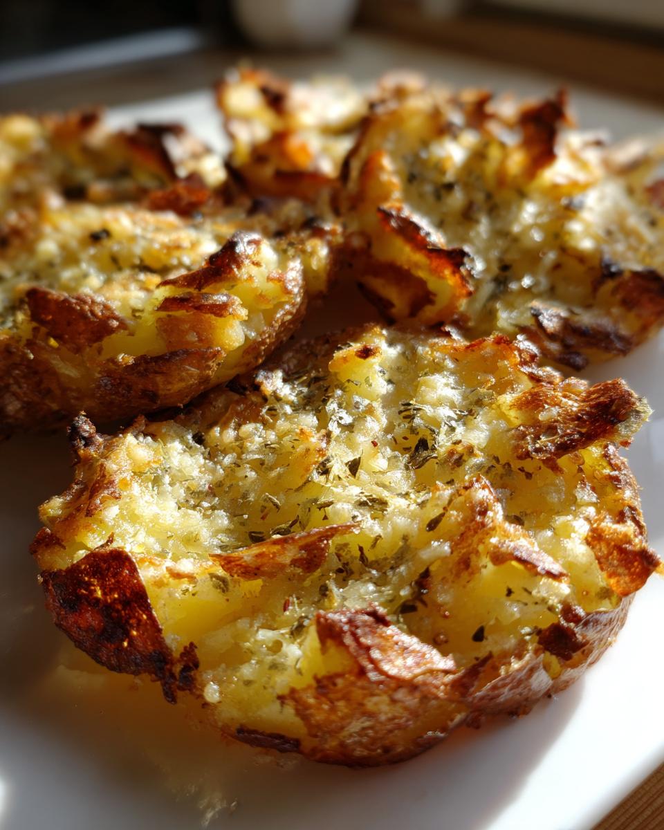 Close-up of crispy, golden brown smashed red potatoes with parmesan and herbs.