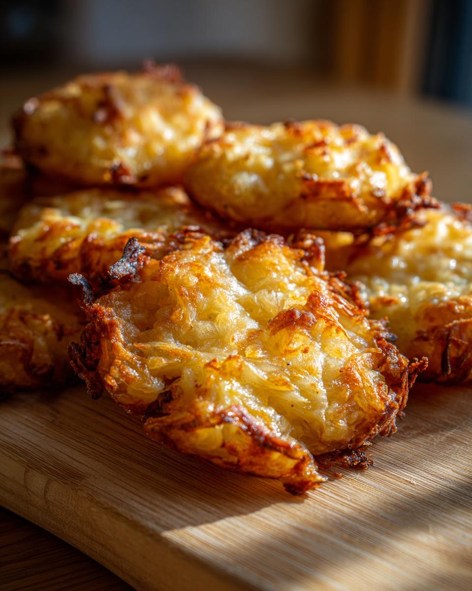 Close-up of crispy, golden-brown smashed red potatoes with parmesan on a wooden board.