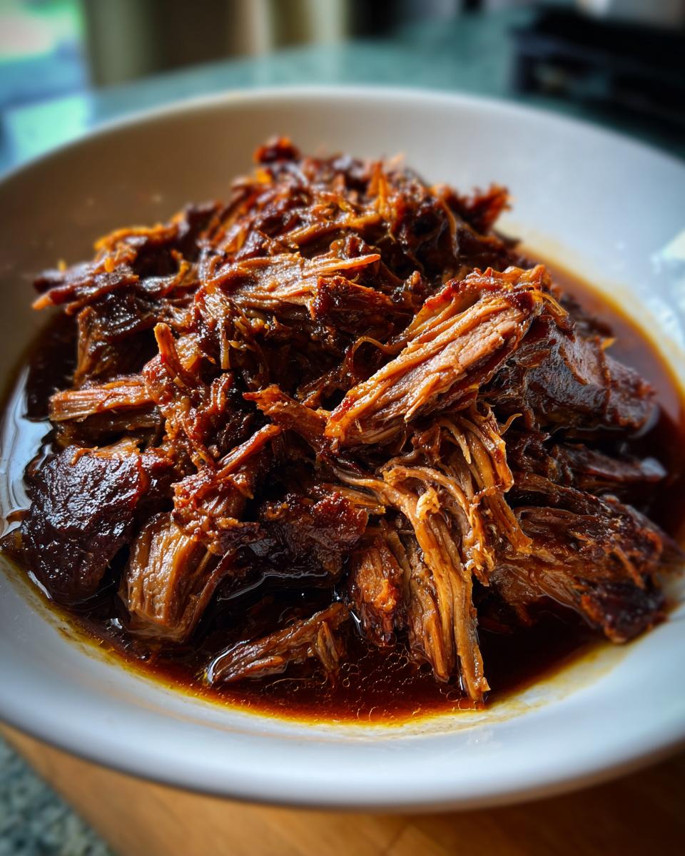 A close-up of tender, shredded smoked oven-braised pulled pork swimming in rich, dark sauce in a white bowl.