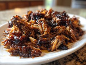 A close-up, glossy shot of tender, shredded Smoked oven-braised pulled pork piled high on a white platter.