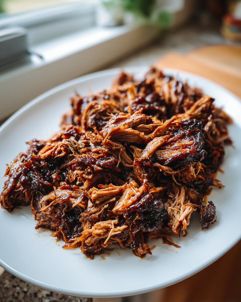 A close-up of shredded, saucy smoked oven-braised pulled pork piled high on a white plate.