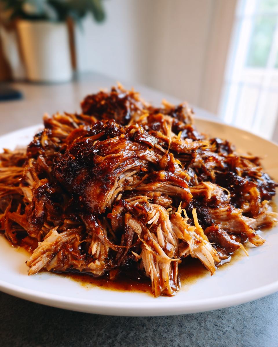 Close-up of tender, shredded smoked oven-braised pulled pork coated in a rich, dark sauce on a white plate.