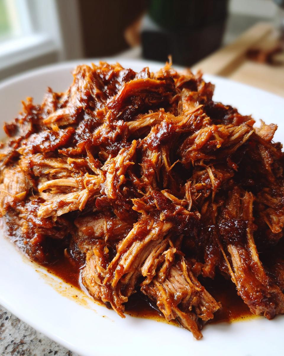 Close-up of richly sauced, shredded Smoked oven-braised pulled pork piled high on a white plate.