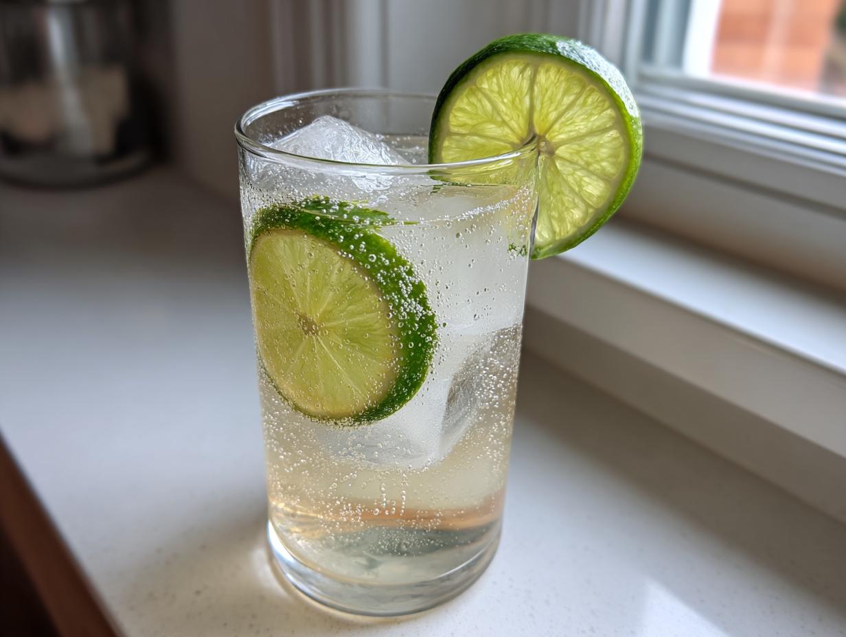 A tall glass filled with ice and bubbly liquid, garnished with two slices of fresh lime, representing Smoked ranch water.