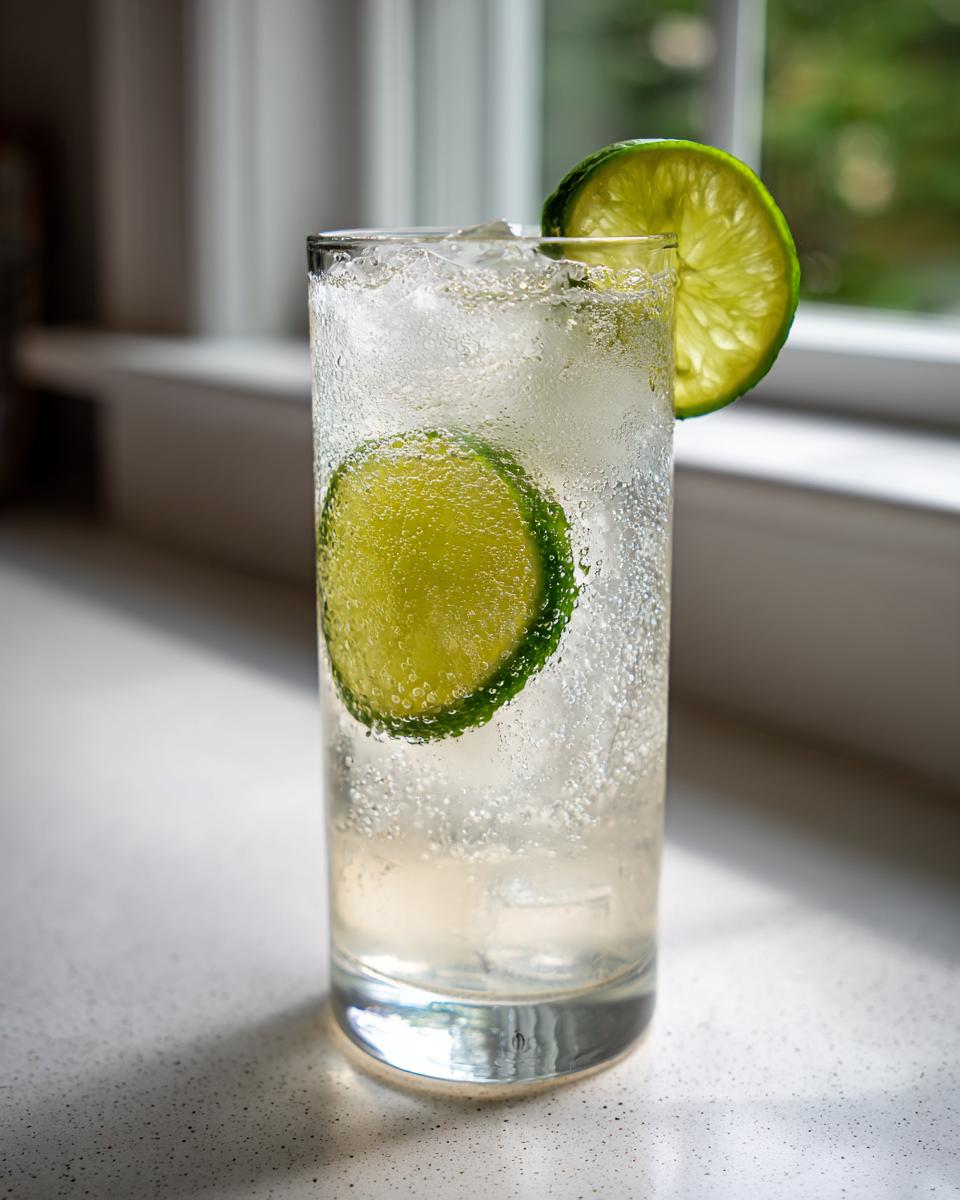 A tall, chilled glass filled with bubbling Smoked ranch water, ice, and garnished with two bright lime slices.