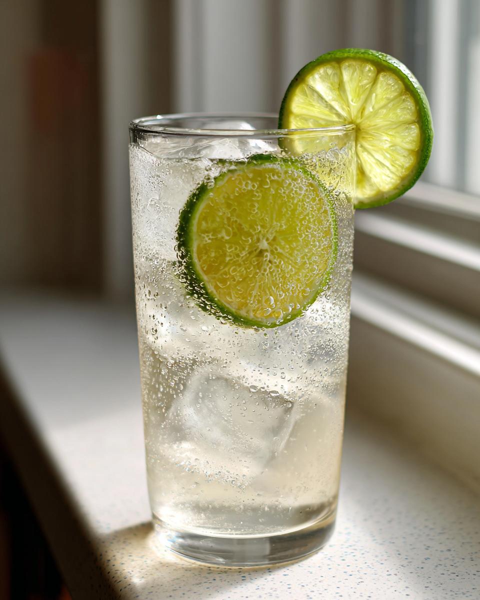 Close-up of a tall glass filled with ice and bubbly Smoked ranch water, garnished with two bright lime slices.