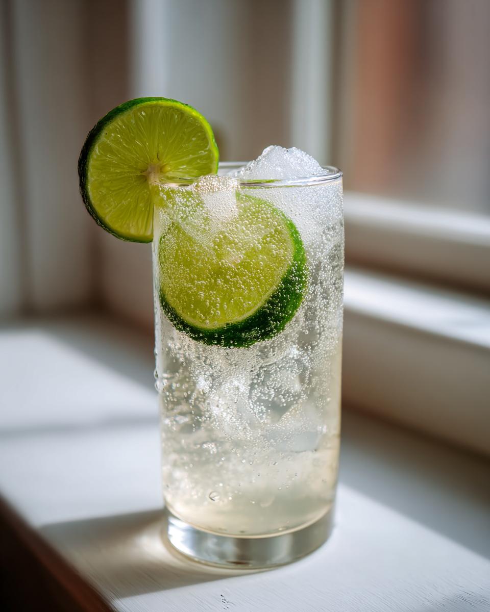 Close-up of a tall glass filled with bubbly Smoked ranch water, ice, and garnished with fresh lime slices.