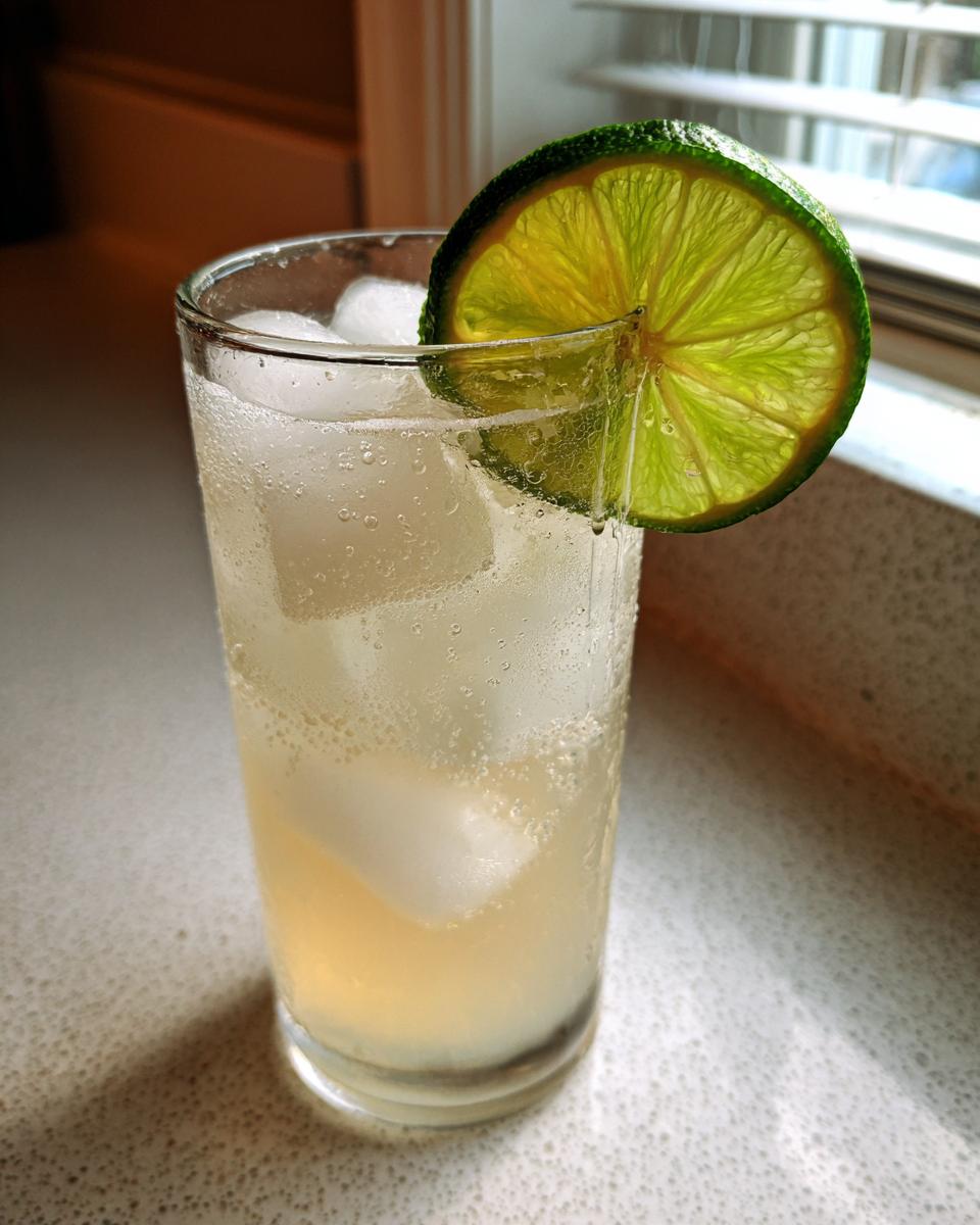 A tall glass filled with ice and a light yellow liquid, garnished with a bright, backlit lime wheel, perfect for Smoked ranch water.