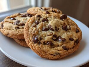 Close-up of three thick, golden brown soft batch chocolate chip cookies piled on a white plate.