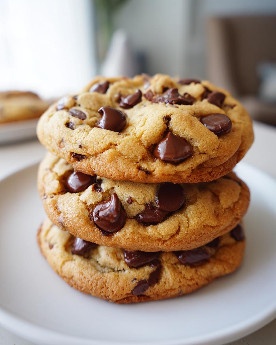 A stack of three perfectly baked soft batch chocolate chip cookies piled on a white plate.