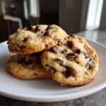 A stack of four perfectly baked, thick Soft batch chocolate chip cookies loaded with melted chocolate chips on a white plate.