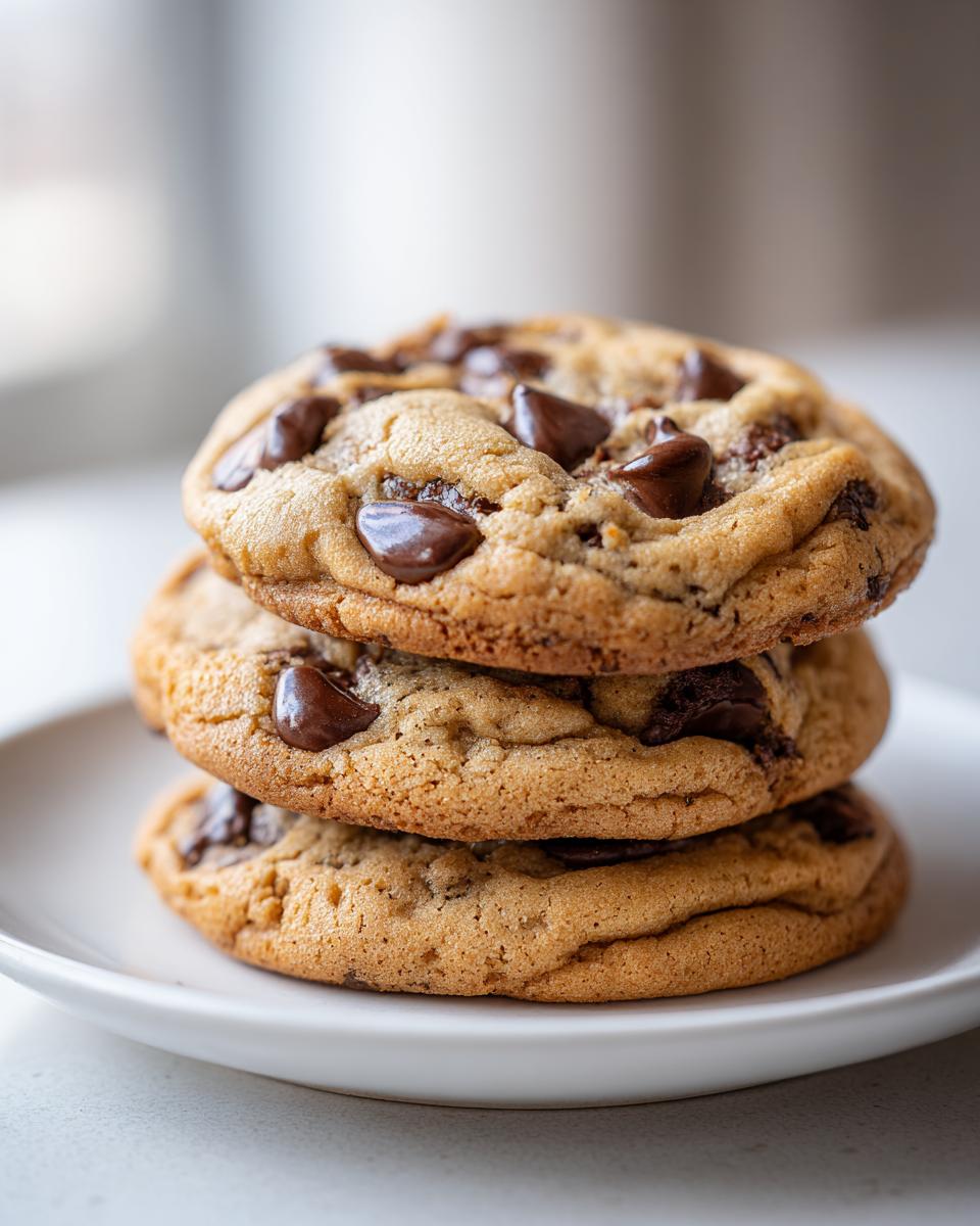 A vertical stack of three perfectly baked soft batch chocolate chip cookies on a white plate.
