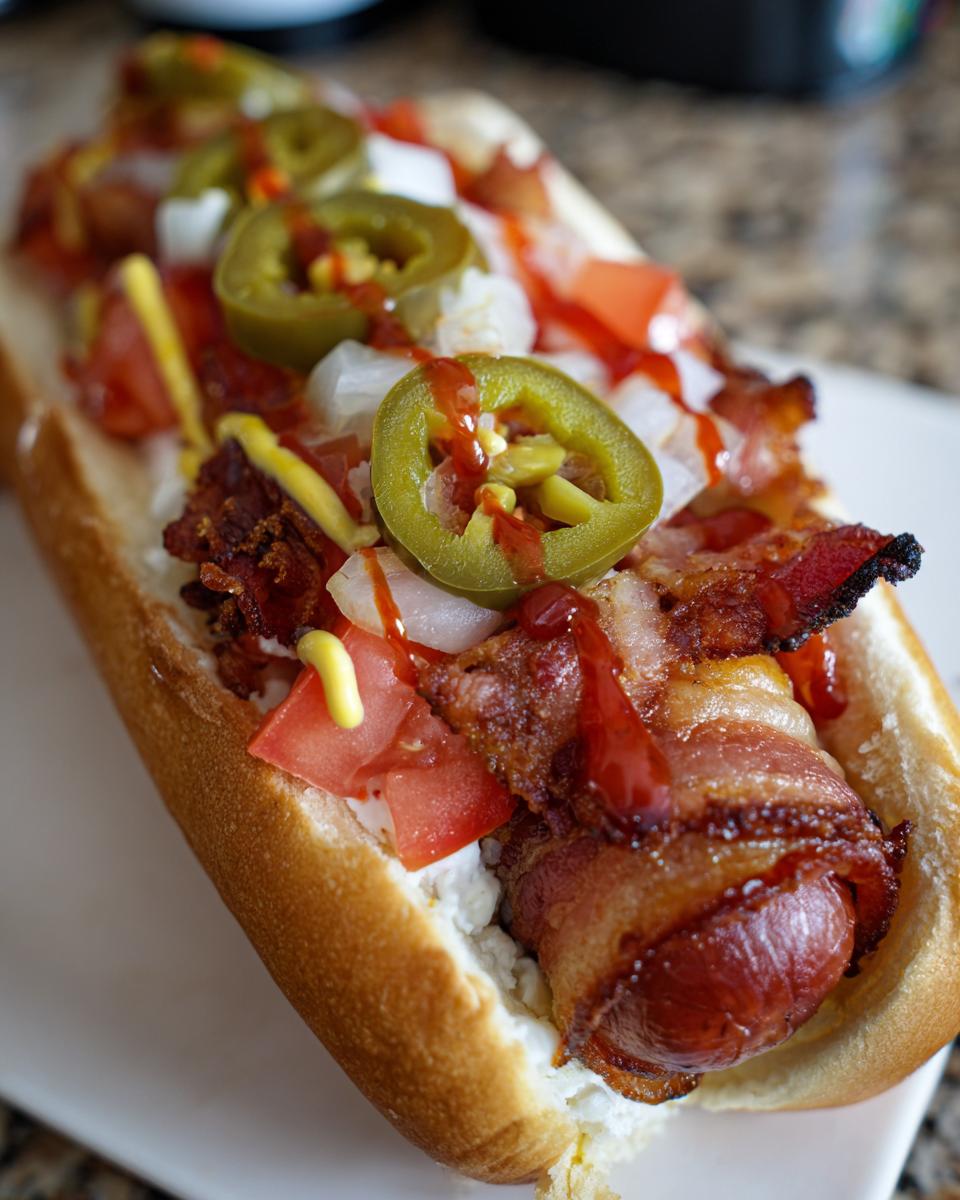 A close-up view of a delicious Sonoran hot dogs wrapped in bacon and topped with jalapeños, onions, tomatoes, and sauces.